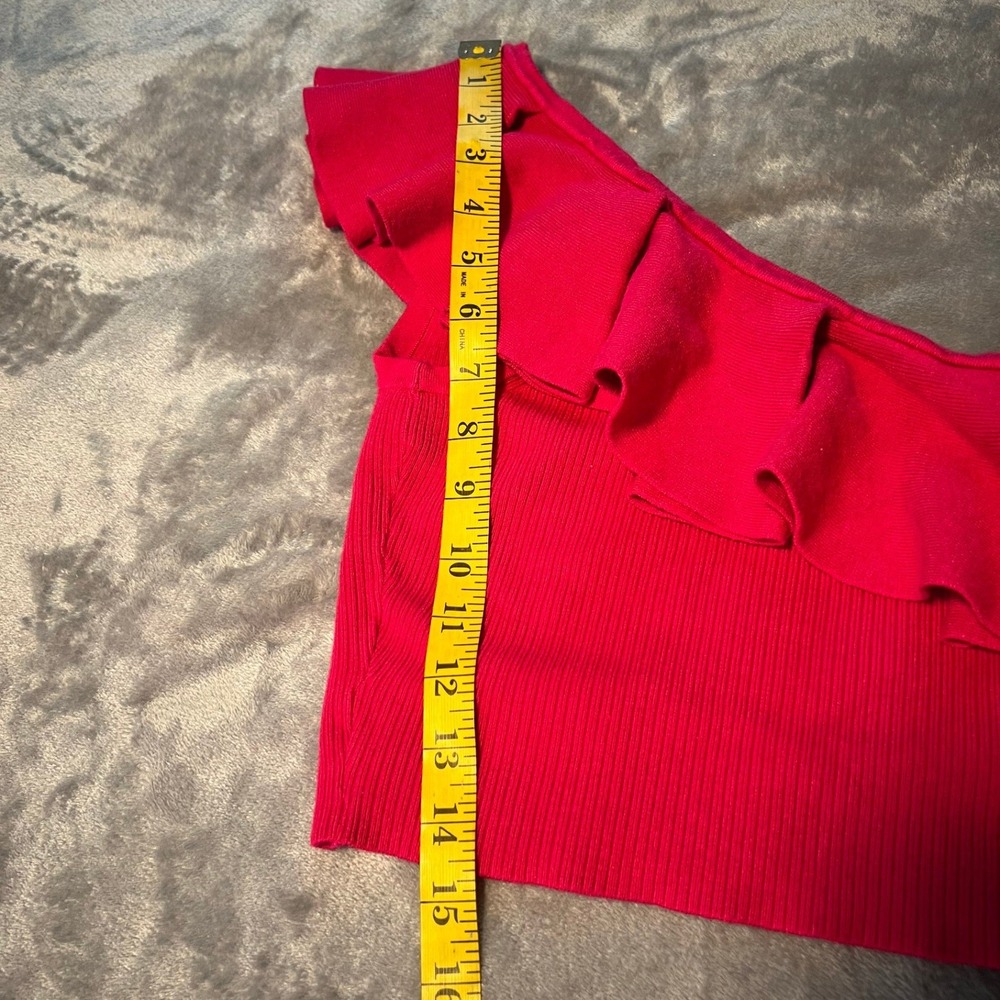 Express Womens Fuchsia Pink Ribbed One Shoulder Ruffle Crop Top Size Small - Picture 4 of 7